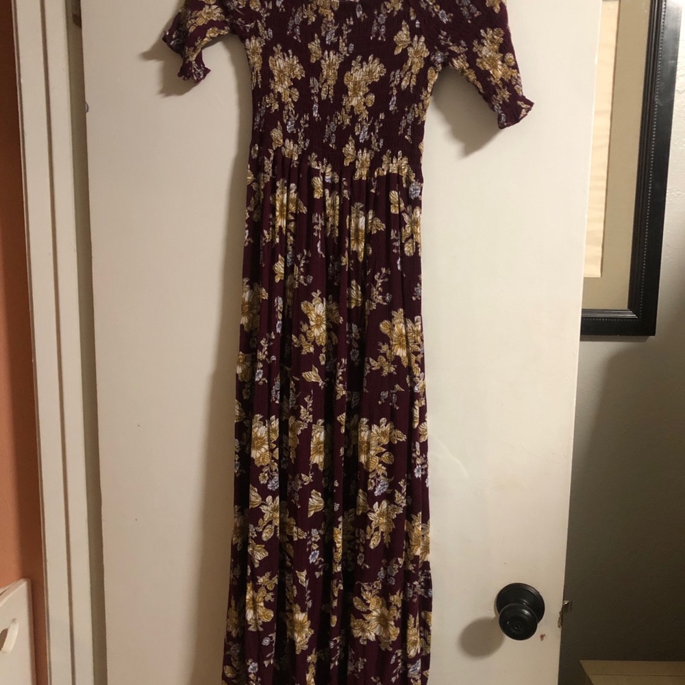 NATURAL LIFE XS/S Maroon with Yellow Flowers Maxi Dress Short Sleeve Rayon Boho